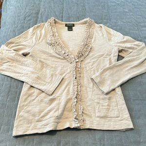 Eddie Bauer Cream Sweater, Cardigan, V-Neck, Ruffles, Buttons, Casual, Size M